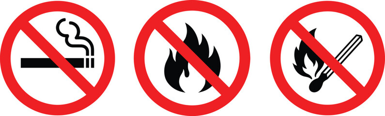 Vector set of three red prohibition signs isolated on a white background, featuring no smoking, no open flame, and no match icons for fire safety and flammable hazard prevention. © Hasan
