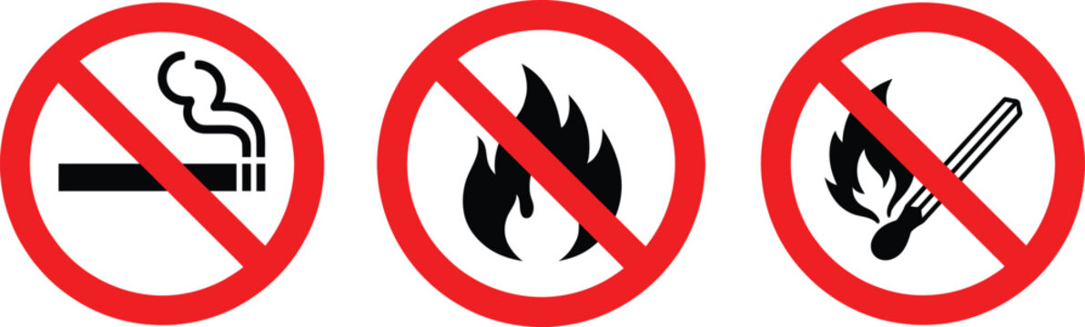 Vector set of three red prohibition signs isolated on a white background, featuring no smoking, no open flame, and no match icons for fire safety and flammable hazard prevention.
