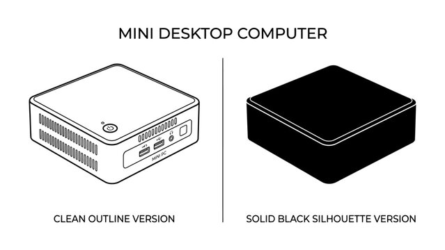 Mini Desktop Computer Comparison: A visual representation comparing two mini desktop computer units: one a clean outline, the other a solid black silhouette.
