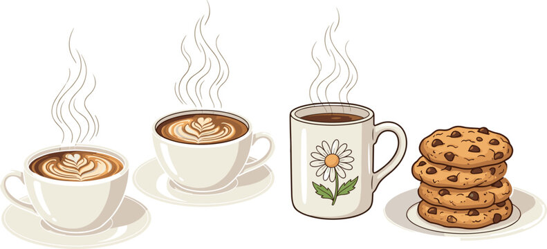 Set of hot latte coffee cups and a daisy mug with steaming aroma next to stacked chocolate chip cookies vector illustration