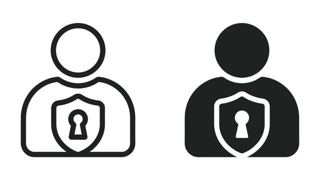 User Account Security Icons: Two minimalist icons depicting a user profile silhouette with a shield containing a keyhole, representing user data protection and account security.