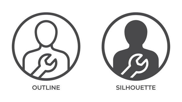 Service Icon Set: Two circular icons, one outlined and one silhouetted, depict a person holding a wrench, representing technical service or mechanical expertise.