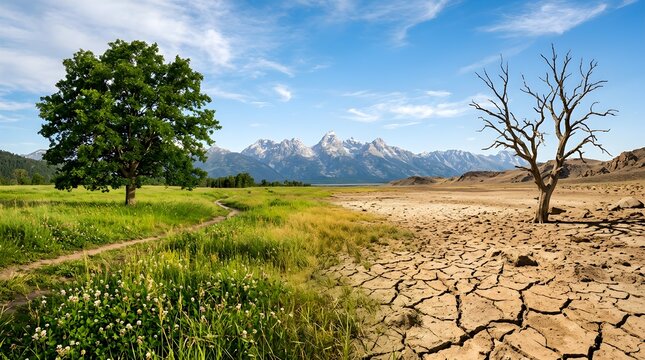 Contrast between green lush field and cracked dry earth landscape with landscape
