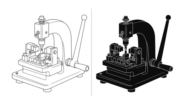 Key Duplicating Machine: A mechanical device designed for accurately duplicating keys, shown in both line art and silhouette form.