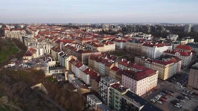 Drone Shot of Prague Czech Republic and Zizkov Residential Neighborhood Buildings