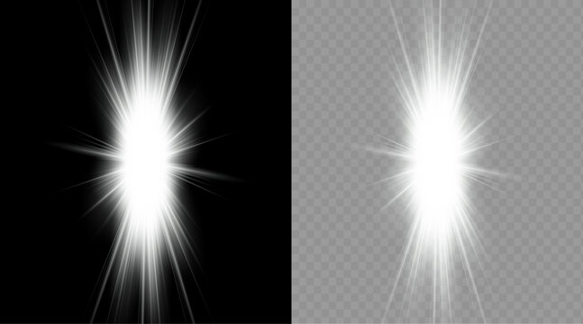 Light effect glowing white light burst on black and transparent backgrounds
