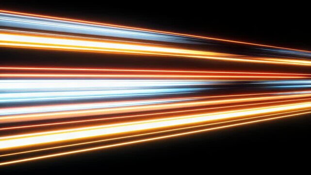 Colorful light trails move rapidly across a black backdrop, symbolizing fast data transfer and modern digital concepts. The energetic composition highlights progress, speed, and high tech visuals