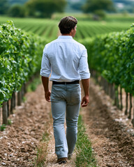 Fototapeta premium Man vineyard agriculture field green summer walking outdoors rural nature. man walks through lush green vineyard surrounded by rows of grapevines