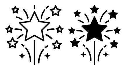 Black and white star magic wand icons with sparkles and stars in line and solid styles on transparent background © Артур Дацко