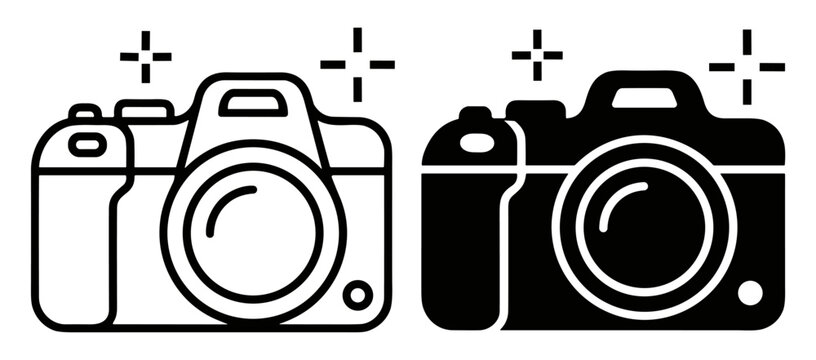 Line art and silhouette icons of a camera with sparkle effects on transparent background