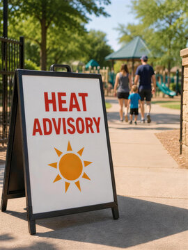 Heat Advisory Sign at Playground Entrance During Summer Heat Wave