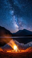 Naklejka premium Night Sky Milky Way Over Mountain Lake Campsite Scene.