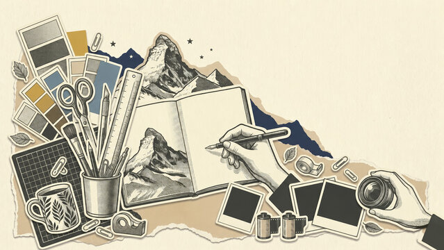 Design Portfolio Workspace Collage with Mountain Sketches, Camera and Beige Copy Space for Creative Campaigns