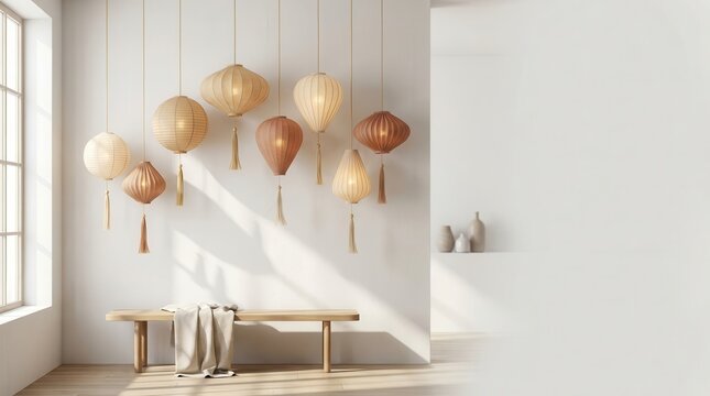 Minimalist interior design with hanging lanterns and wooden bench.