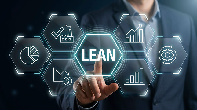 Businessman pointing at lean manufacturing and management process concept