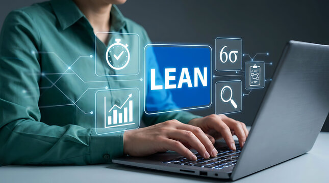Businesswoman using laptop for lean six sigma process optimization