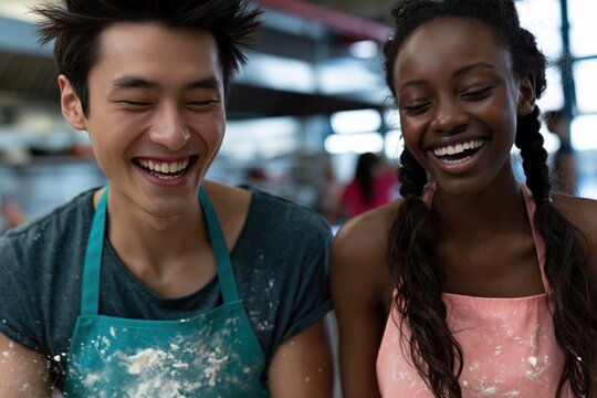 Laughing young bakers in aprons covered in flour for cooking class banner and culinary workshop background