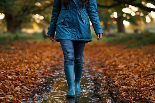 Person strolling in teal rain boots along a leaf covered forest path with puddles for autumn background and lifestyle banner