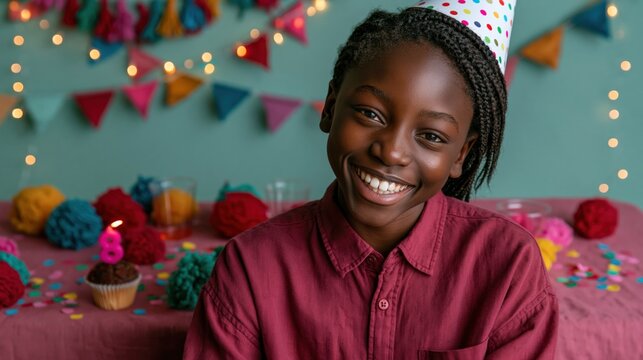 Smiling girl wearing a party hat at a colorful birthday table with cupcakes and decorations for celebration background and kids party banner