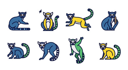 Colorful cartoon lemur illustrations in various poses. © nanas