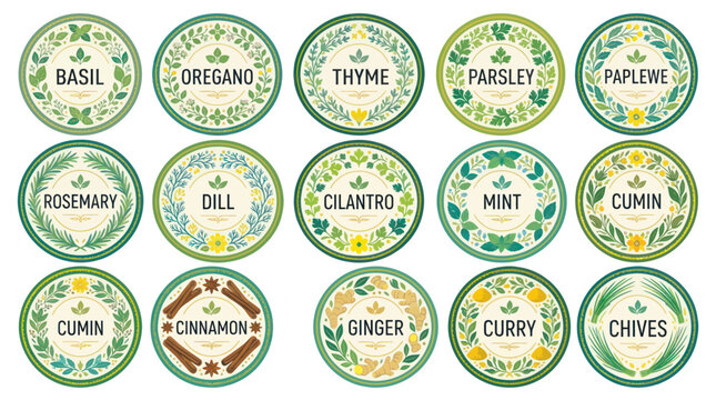 Spice labels on round containers.