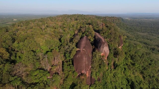 Aerial drone view of Hin Sam Wan, the unique Three Whale Rock formation rising above the dense green jungle canopy of Bueng Kan, Thailand
