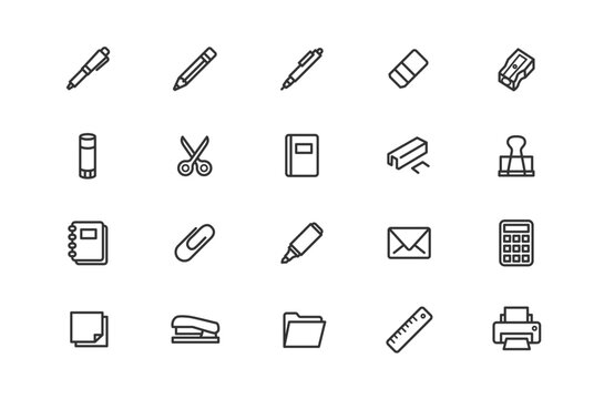 Office supply and stationery line icon set. Vector icons of school supplies, business workplace elements, writing tools, and desk organizers isolated on a white background.