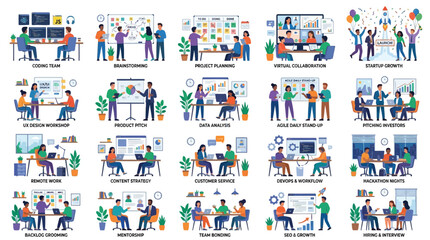 Fototapeta premium Diverse team brainstorming creative startup ideas together in modern office Vector, illustration