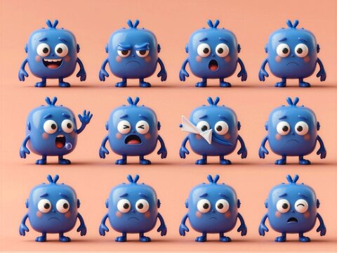 Indigo Jelly Cube Microbe Fifteen Pose Expression Sheet