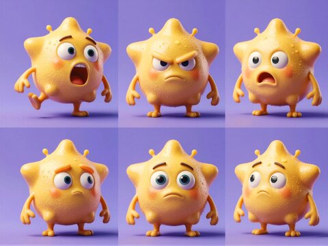 Lemon Yellow Star-shaped Microbe Six Pose Expression Sheet