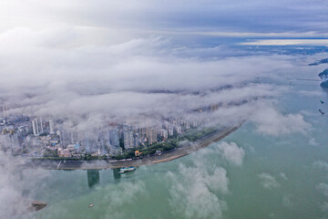 Fototapeta premium Cloudy Aerial View of Yichang City and Yangtze River
