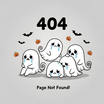 Cute Halloween 404 Error Page Template with Sad Crying Cartoon Ghosts