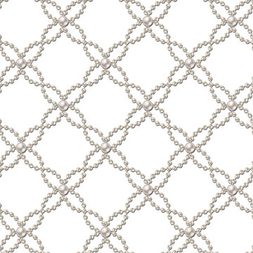Seamless beaded pattern with strings of white pearls arranged in geometric grid with overlapping wavy lines. Ornament like quatrefoil flower. Transparent background. Wedding luxury design