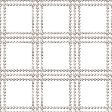 Seamless luxury pattern with strings of white pearls arranged in geometric square grid like lattice. Triple lines. Transparent background. Wedding luxury design