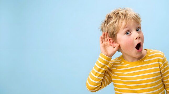 Curious little boy holding his hand to his ear to listen