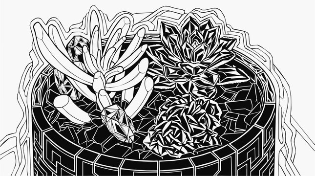 Succulent arrangement coloring page featuring line art of miniature plants in a geometric planter for adult relaxation and creative hobby