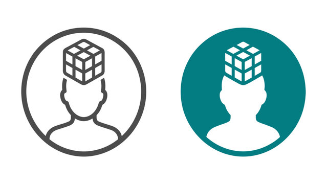 Problem Solving Iconography: Two simplified icons depict a human head silhouette with a cube puzzle superimposed on top, representing intellect and complex problem-solving.