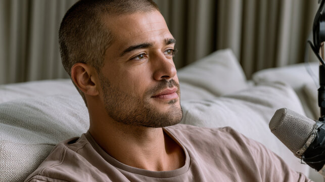 Young man with short buzz cut, stubble, casual t shirt, sitting on sofa, speaking into microphone, natural light, thoughtful mood