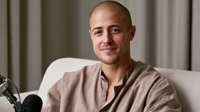 Smiling man with short buzz cut wearing beige shirt sitting on sofa, casual indoor setting, microphone visible, calm mood