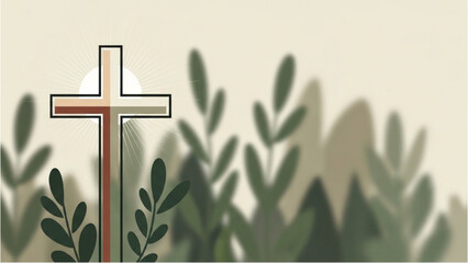 A cross stands among lush green plants in a serene outdoor setting © Stock Image Paradise