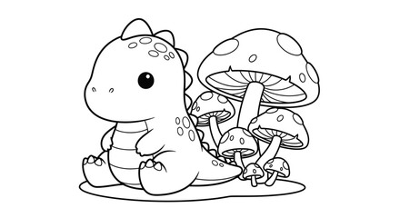 Fototapeta premium Adorable Kawaii Baby Dinosaur and Fantasy Mushrooms Coloring Page Illustration for Kids and Adults, Black and White Line Art Vector