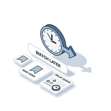 Isometric Vector Illustration Representing Digital Content Queue Management and Deferred Video Viewing Features for User Interfaces
