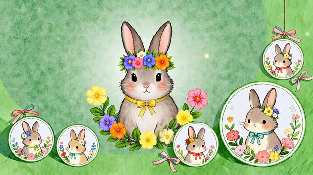 Rabbits with flowers and frames