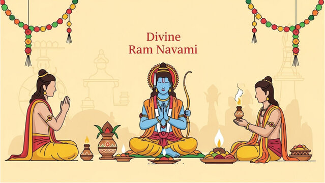 Hindu priests performing ritual ceremony on Ram Navami at temple