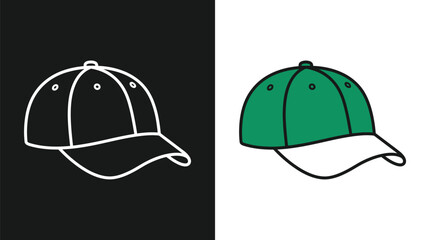 Fototapeta premium Minimalist vector graphic illustration of a green baseball cap design on a simple split background
