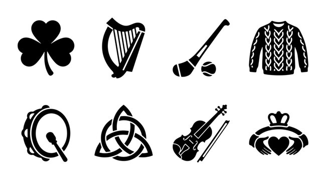 Irish Symbols Vector Icons Set: Shamrock, Harp, Hurling, Sweater, Tambourine, Trinity Knot, Violin, Claddagh Ring