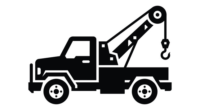 Black and white vector graphic illustration of a heavy duty tow truck for roadside assistance