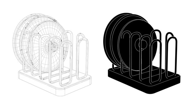 Plate Rack Design: A conceptual illustration presenting a plate rack design in two distinct styles: a detailed wireframe model and a solid black silhouette.