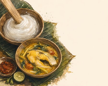 Traditional Indonesian fish curry served with steamed rice on a banana leaf in a rustic bowl authentic Asian cuisine food illustration