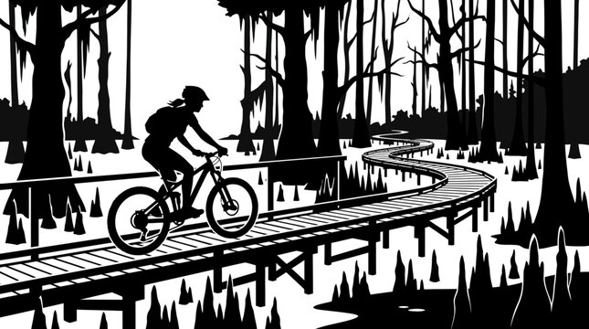 Man Riding Bicycle on Bridge.